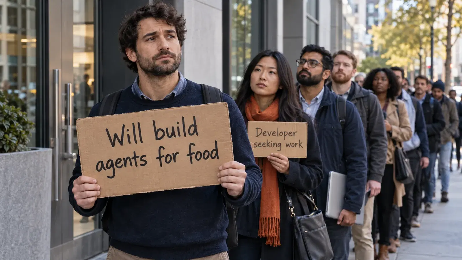 Satirical scene of developers queuing outside an office, with a sign reading Will build agents for food.